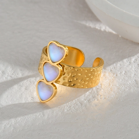 Stainless Steel Heart Open Ring Adjustable Hammered Texture Inlaid Iridescent Stones Trendy Jewelry For Women