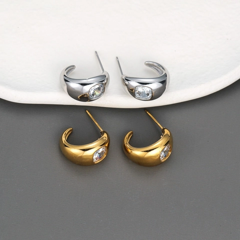 Pendientes De Botón Geométricos Vintage En Forma De C Acero Inoxidable Con Circonita Joyería Elegante Para Mujeres