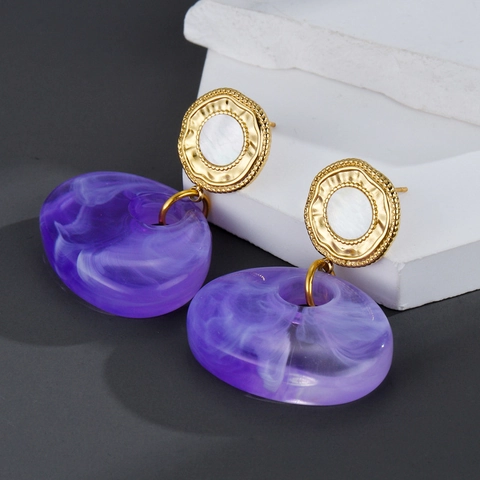 Geometric Drop Earrings Purple Resin Marble Texture Mother Of Artificial Pearl Gold Stainless Steel Earring Post Vintage Jewelry