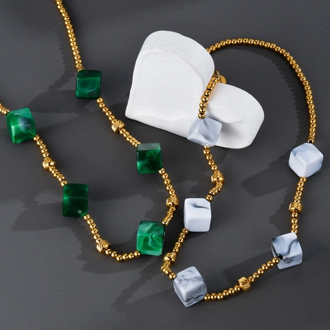 Collier Cube Géométrique Acier Inoxydable Chaîne À Billes Dorée Pendentif Texture Marbre Maillon Clavicule Pour Femmes Minimaliste