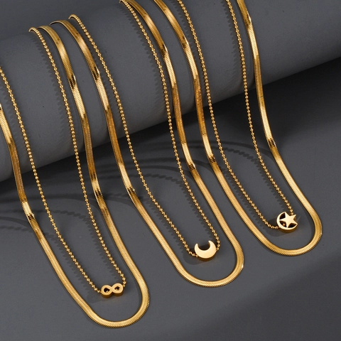 Double Layer Stainless Steel Necklace With Star Moon Infinity Pendant Trendy Gold Plated Snake Bone Bead Chain For Women
