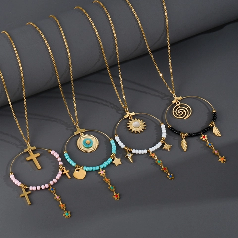Collana Pendente Cerchio Boho Acciaio Inossidabile Perline Colorate Croce Piuma Fiore Charms Stile Etnico Donna