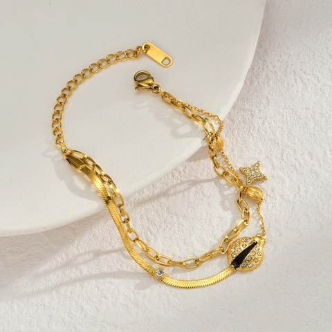 Double Layer Stainless Steel Bracelet For Women Chic Ladybug Star Rhinestone Enamel Pendant Snake Link Chain Gold Jewelry