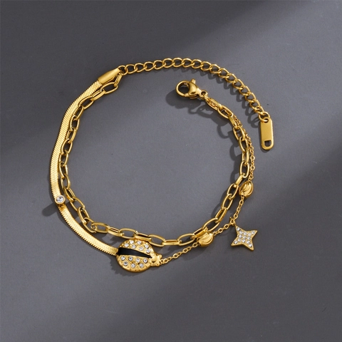 Double Layer Stainless Steel Bracelet For Women Chic Ladybug Star Rhinestone Enamel Pendant Snake Link Chain Gold Jewelry