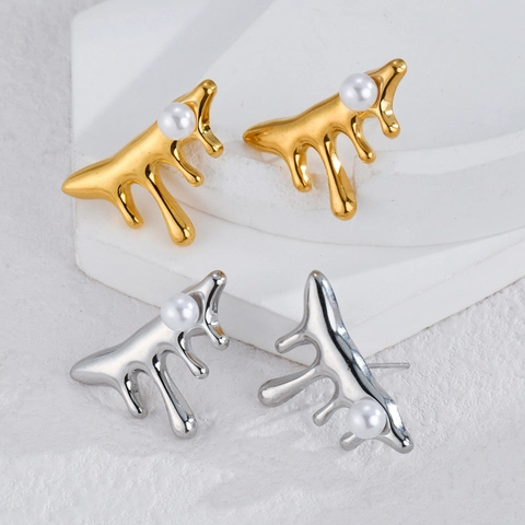Pendientes De Botón De Metal Líquido De Lava Irregular Con Perla Artificial De Imitación Acero Inoxidable Minimalista Joyas Para Mujeres