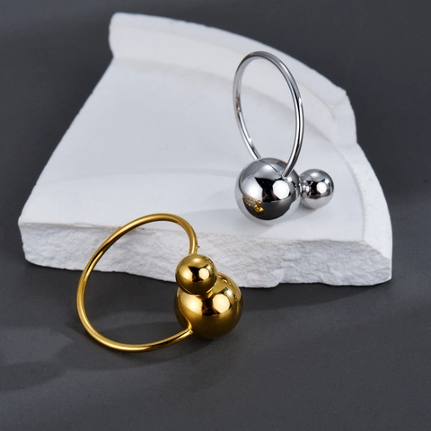 Anillo Abierto Con Doble Perla Acero Inoxidable Minimalista Ajustable Bola Pulida Joyería De Dedo Mujeres Estilo Moderno