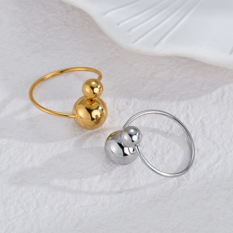 Anillo Abierto Con Doble Perla Acero Inoxidable Minimalista Ajustable Bola Pulida Joyería De Dedo Mujeres Estilo Moderno