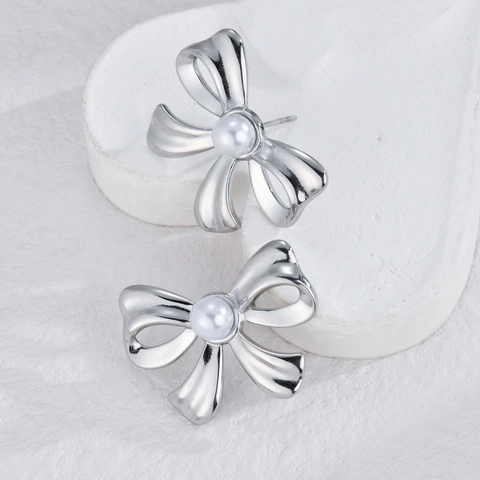 Bowknot Artificial Pearl Stainless Steel Stud Earrings For Women Western Style Vacuum Plating Gold Silver Color Earrings Jewelry Gift