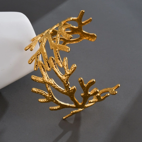 Vintage 18K Gold Plated Stainless Steel Cuff Bracelet Statement Hammered Texture Open Adjustable Branch Feather Jewelry