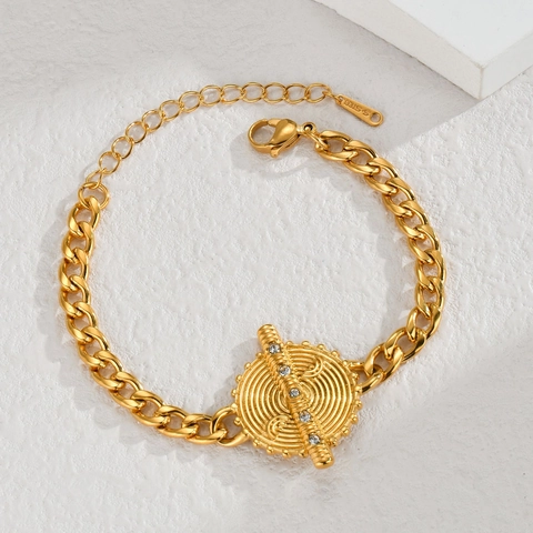 Acier Inoxydable Plaqué Or Chaîne Gourmette Collier Bracelet Disque Texture Spirale Zirconium Inlay Mode Française