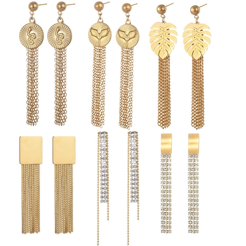 Pendientes Colgantes De Borla De Acero Inoxidable Chapado En Oro Vintage Hoja Serpiente Circón Joyería De Moda Mujer