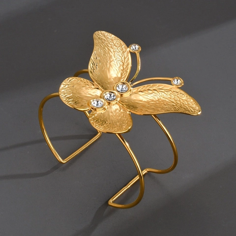 Bracelet Jonc Ouvert En Acier Inoxydable Papillon Fleur Feuille Strass Émail Réglable Bijoux Pour Femmes