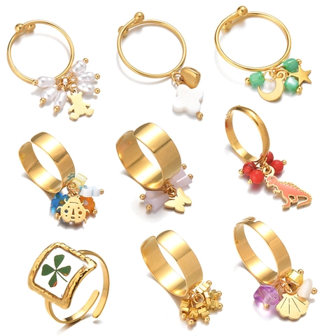 Edelstahl Ring Für Damen 18K Vergoldet Offen Verstellbar Mit Bunten Perlen Muschel Anhänger INS Stil Schmuck