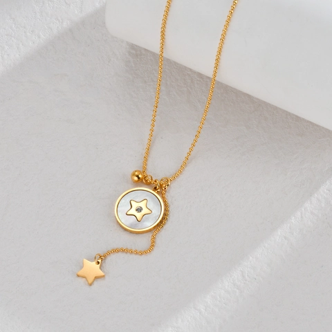 Round Star Pendant Necklace 18K Gold Plated Stainless Steel Ball Chain Enamel Mother Of Artificial Pearl Charm For Women