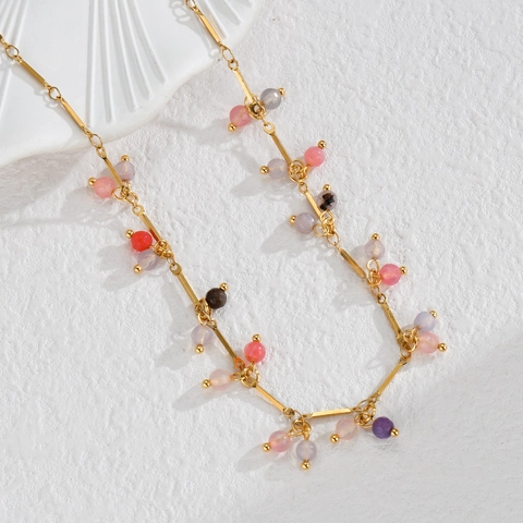 Stainless Steel Pendant Necklace With Colorful Crystal Beads Boho Ethnic Style Elegant Jewelry For Women Adjustable