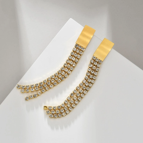 Lange Kwastje Oorbellen Van Roestvrij Staal Met Glanzende Zirkoon Retro Elegante Geometrische Druppel Sieraden Voor Dames