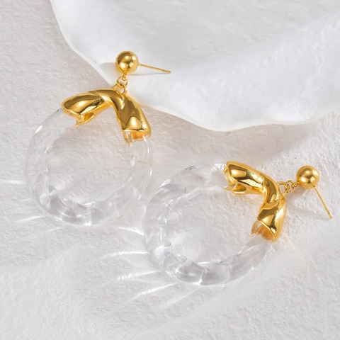 Twisted Resin Hoop Earrings With Stainless Steel Post Gold Geometric Round Retro Trendy Jewelry For Women