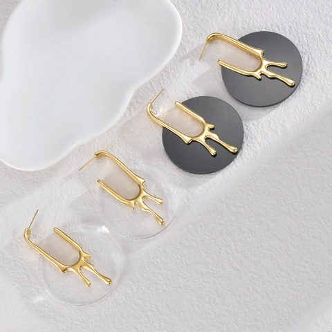 Pendientes Geométricos De Metal Líquido Oro Fundido Resina Redonda Joyería De Moda Para Mujer