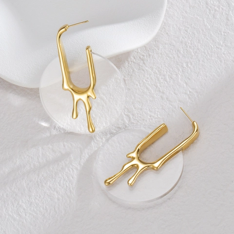 Pendientes Geométricos De Metal Líquido Oro Fundido Resina Redonda Joyería De Moda Para Mujer