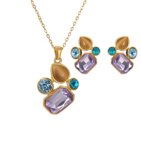 Vintage Geometric Jewelry Necklace And Earrings Titanium Steel Colorful Cubic Zirconia 925 Sterling Silver Earring Post