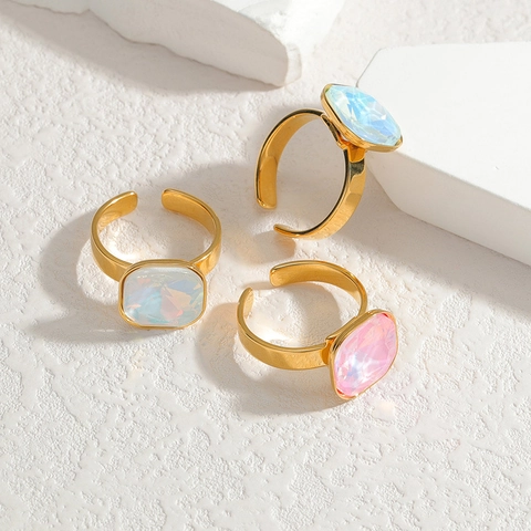 Square Gemstone Ring Stainless Steel Adjustable Iridescent Crystal Geometric Fashion Jewelry For Women