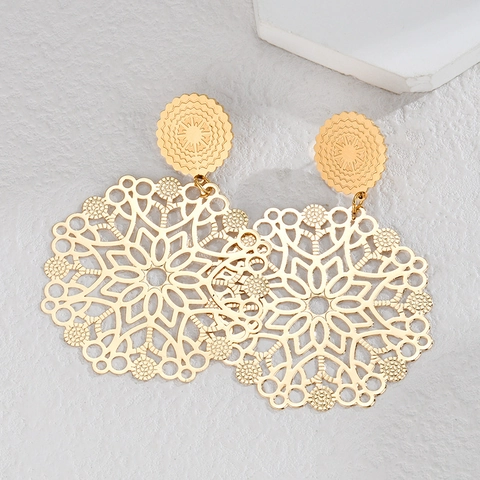 Stainless Steel Drop Earrings Gold Plated Hollow Out Filigree Mandala Flower Geometric Bohemian Vintage For Women