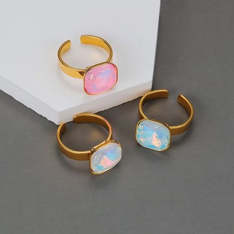 Square Gemstone Ring Stainless Steel Adjustable Iridescent Crystal Geometric Fashion Jewelry For Women