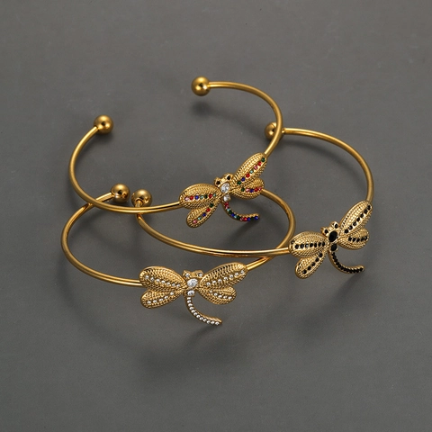 Libelle Manschette Armband 18K Vergoldet Edelstahl Strass Offener Verstellbarer Armreif Minimalistischer Westlicher Mode Schmuck Für Frauen