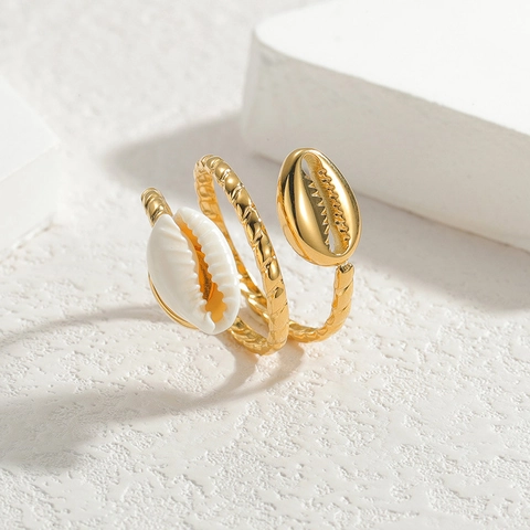 18K Gold Plated Stainless Steel Mother Of Artificial Pearl Shell Open Ring Twisted Rope Spiral Ocean Style Jewelry For Women