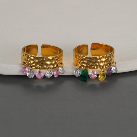 Hammered Texture Open Ring Stainless Steel 18K Gold Plated Colorful Zircon Hanging Charms Adjustable Trendy For Women
