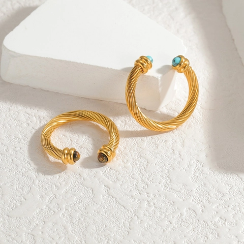 Gedrehter Seil Offener Ring Edelstahl 18K Vergoldet Türkis Tigerauge Verstellbarer Retro Schmuck Damen