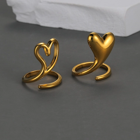 Heart Shaped Stainless Steel Rings For Women Minimalist Open Adjustable Hollow Solid Unique Finger Jewelry Gold Color