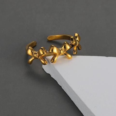 Schleife Offener Ring 18K Vergoldet Edelstahl Verstellbar Dreifacher Bogen Schmuck Modisch Elegant Für Frauen