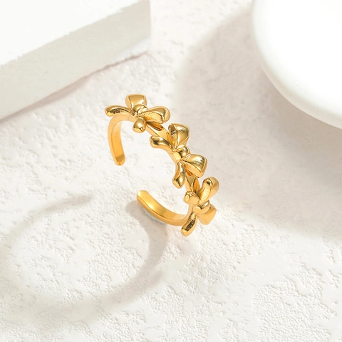 Schleife Offener Ring 18K Vergoldet Edelstahl Verstellbar Dreifacher Bogen Schmuck Modisch Elegant Für Frauen