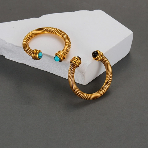Gedrehter Seil Offener Ring Edelstahl 18K Vergoldet Türkis Tigerauge Verstellbarer Retro Schmuck Damen