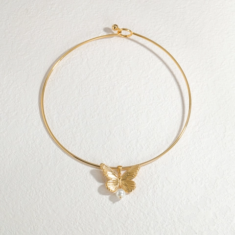 Collana Choker Con Pendente A Farfalla Vintage In Acciaio Inossidabile Placcato Oro Con Perla Artificiale Gioielli Eleganti