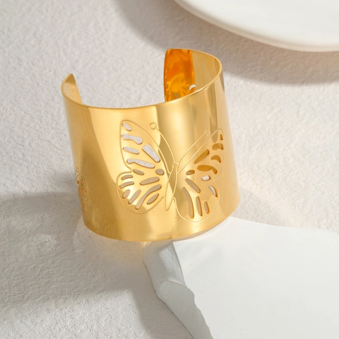 Brazalete De Puño Ancho Mariposa Hueca Acero Inoxidable Elegante Vintage Minimalista Pulsera Ajustable Joyería Mujer