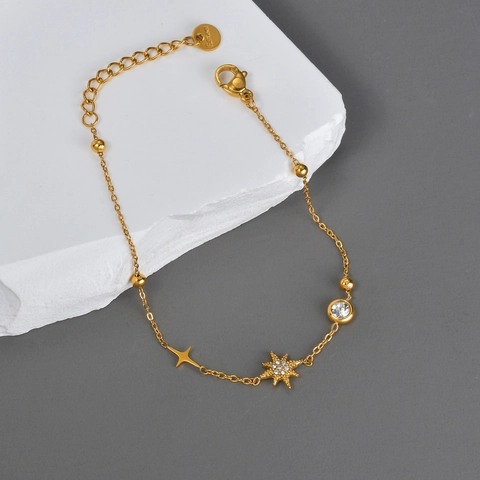Stainless Steel Star Charm Bracelet Gold Plated Rhinestone Dainty Adjustable Minimalist Jewelry Gift For Women