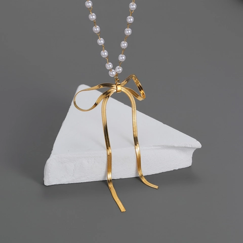 Bow Ribbon Heart Pendant Necklace Stainless Steel Faux Artificial Pearl Dainty Clavicle Chain For Women Fashion Elegant Jewelry