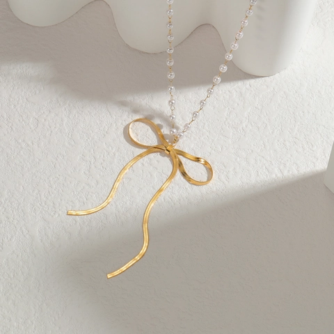 Bow Ribbon Heart Pendant Necklace Stainless Steel Faux Artificial Pearl Dainty Clavicle Chain For Women Fashion Elegant Jewelry
