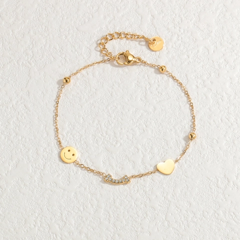 Smile Face Heart Charm Bracelet Stainless Steel Gold Plated Zircon Bar Fashion Jewelry Elegant For Women