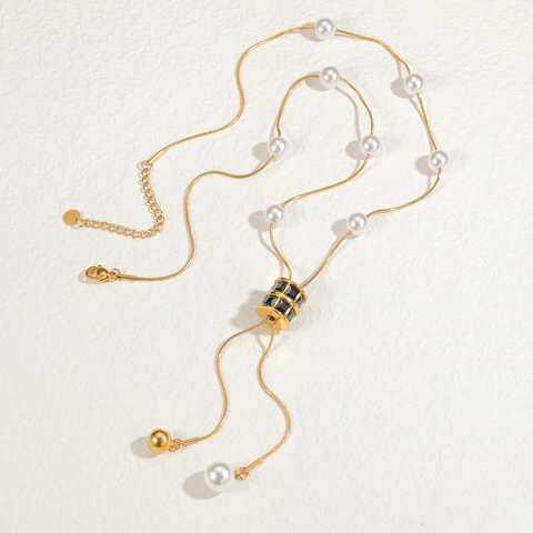 Luxus Edelstahl Künstliche Perle Anhänger Halskette Für Damen Vintage Zylinder Quaste Y-Form Schlüsselbeinkette Schmuck Eleganz