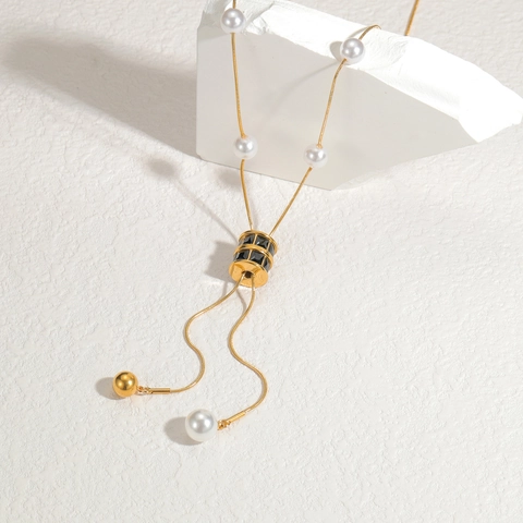 Luxus Edelstahl Künstliche Perle Anhänger Halskette Für Damen Vintage Zylinder Quaste Y-Form Schlüsselbeinkette Schmuck Eleganz