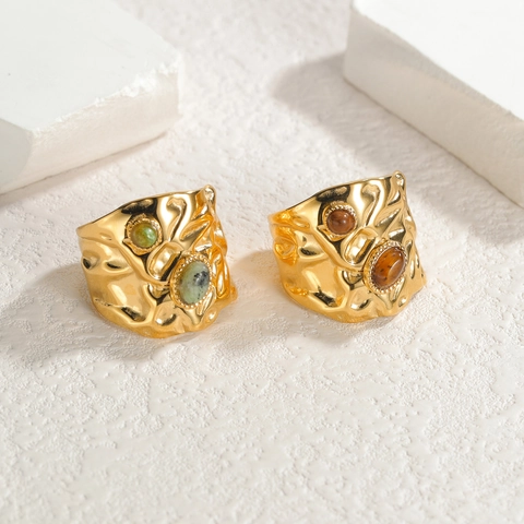 Stainless Steel Open Ring Adjustable Turquoise Tiger Eye Vintage Hammered Irregular Texture Jewelry For Women Fashion