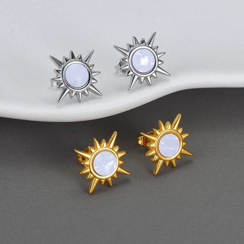 Pendientes De Botón Sol Acero Inoxidable Incrustación De Nácar Girasol Vintage Joyas Para Mujeres