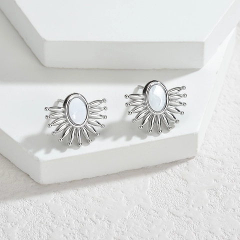 Pendientes De Botón Con Diseño De Rayos De Sol E Incrustación De Nácar Acero Inoxidable Bañado En Oro 18K Estilo Francés Retro Para Mujeres