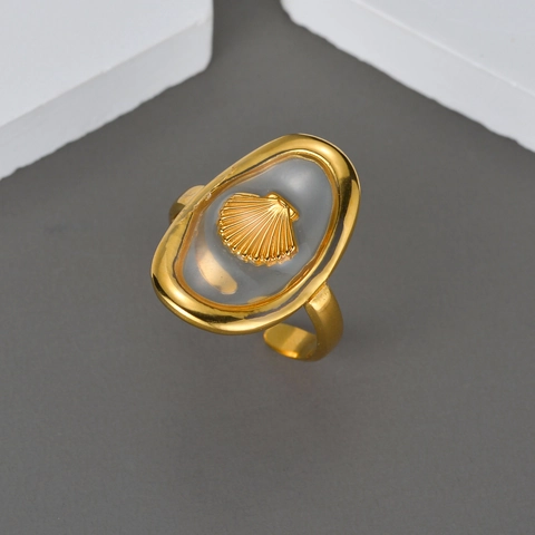 Verstelbare Schelp Ring Roestvrij Staal Verguld Oceaan Thema Transparante Hars Statement Sieraden Dames