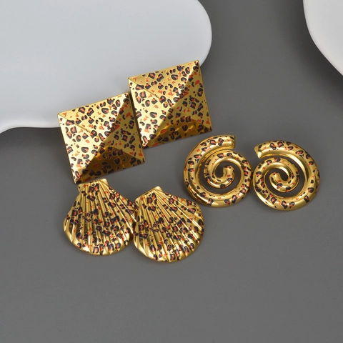 Vintage Leopard Print Stainless Steel Earrings Geometric Shell Spiral Pyramid Stud Jewelry For Women Statement