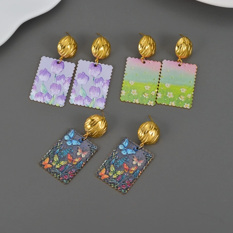 Pendientes De Acero Inoxidable Estilo Pintura Al Óleo Retro Colgante Rectangular Con Estampado De Flores Y Mariposas