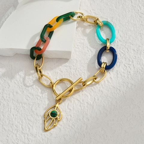 Stainless Steel Bracelet With Multi Color Acrylic Resin Chains Hollow Leaf Pendant Toggle Clasp Bohemian Style For Women